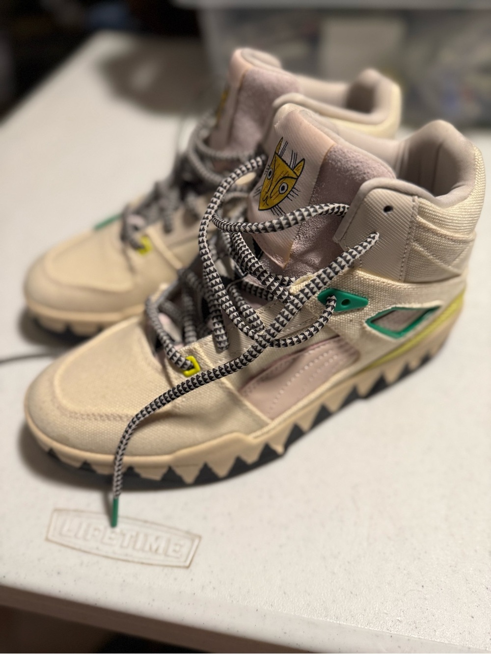 Women’s Beige High-Top Sneakers with Green Accents